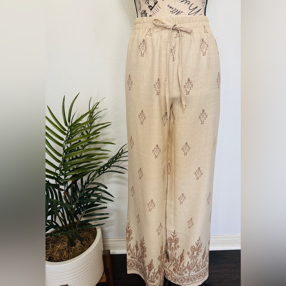 Beige Patterned Wide-Leg Pants